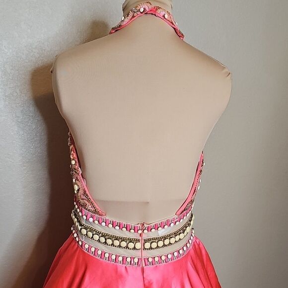 NWT Rachel Allan Neon Coral Beaded Halter A Line Backless Formal Gown 8 - Picture 7 of 15